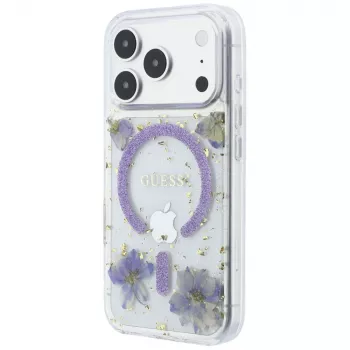 Guess GUE005781 Resin Flowers Glitter MagSafe ovitek za iPhone 18 Pro / 17 Pro, vijoličen