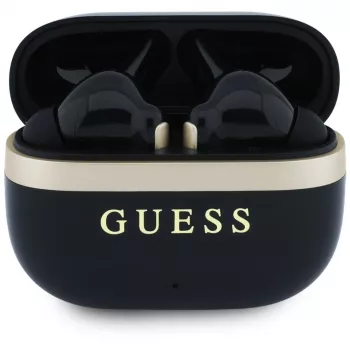 Guess Glossy Gold LinePrinted Classic Logo brezžične slušalke TWS, črne