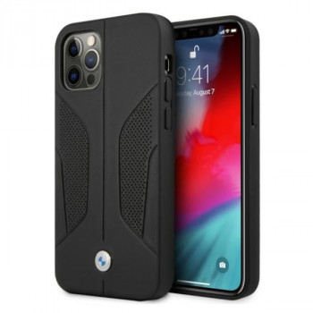 BMW BMHCP12MRSCSK Perforate Sides usnjen trdi ovitek za Apple iPhone 12 / 12 Pro, črn