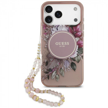 Guess IML Flowers Pearl Strap MagSafe ovitek za Apple iPhone 18 Pro / 17 Pro, roza