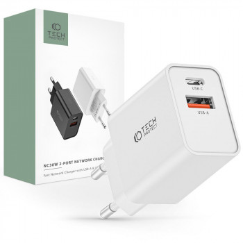 Tech-Protect NC30W 2-portni stenski polnilnik PD 30W QC 3.0, bel