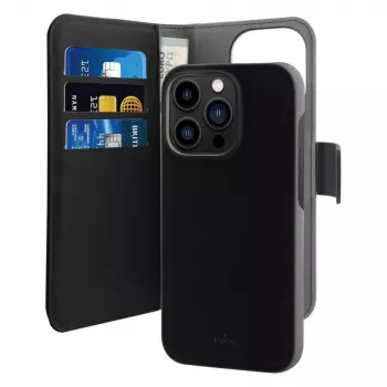 Puro Wallet Detachable MagSafe 2in1 ovitek iz PU usnja z zavihkom in denarnico za iPhone 14 Pro Max, črn