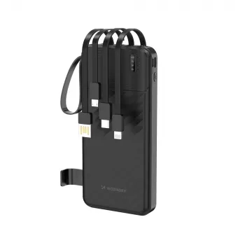 Wozinsky W11-B 10000mAh 10W prenosna baterija z vgrajenimi kabli in svetilko, črna
