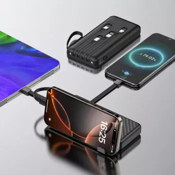Wozinsky W11-B 10000mAh 10W prenosna baterija z vgrajenimi kabli in svetilko, črna
