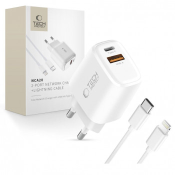 Tech-Protect NCA20 stenski polnilnik USB-A / USB-C PD 20W / QC3.0 s kablom USB-C / Lightning 100 cm, bel