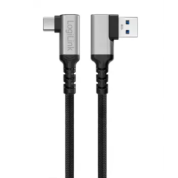 LogiLink CU0471 kabel USB 3.2 Gen1 Type-C, A/M 90° na C/M 90°, 5 Gbps, 60 W, kovina, srebrno-črna, 1 m