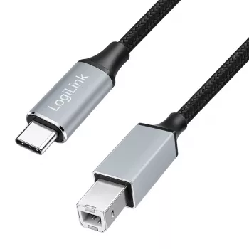 Logilink CU0515 kabel USB 2.0 Type-C, C/M na B/M, 480 Mbps, najlon, kovina, črno-srebrn, 2 m
