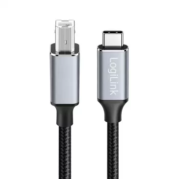 Logilink CU0515 kabel USB 2.0 Type-C, C/M na B/M, 480 Mbps, najlon, kovina, črno-srebrn, 2 m