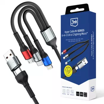 3MK Hyper Cable N-SERIES 6in1 kabel USB-C / USB-A na USB-C / MicroUSB / Lightning, QC 3.0, 18 W (9 V / 2 A), 1,2 m, črn